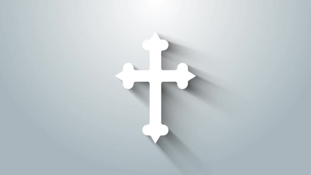 White Christian cross icon isolated on grey background. Church cross. 4K Video motion graphic animation — Stock Video