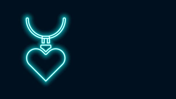 Glowing neon line Necklace with heart shaped pendant icon isolated on black background. Jewellery decoration. International Happy Women Day. 4K Video motion graphic animation — Stock Video