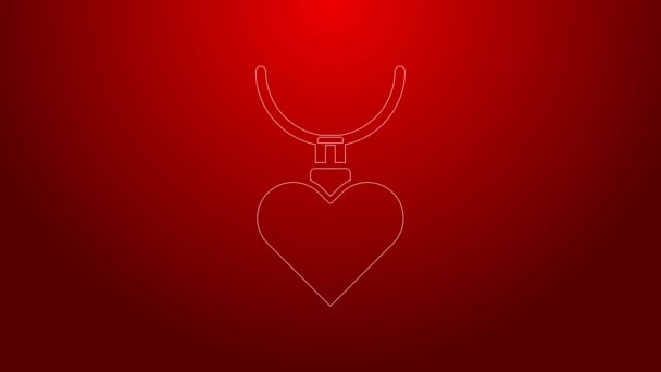 Collar de línea verde con icono colgante en forma de corazón aislado sobre fondo rojo. Decoración de joyas. Día Internacional de la Mujer Feliz. Animación gráfica de vídeo 4K — Vídeo de stock