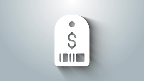 Targhetta bianca con icona dollaro isolata su sfondo grigio. Badge per il prezzo. Vendita con simbolo dollaro. Promozionale tag sconto. Animazione grafica 4K Video motion — Video Stock