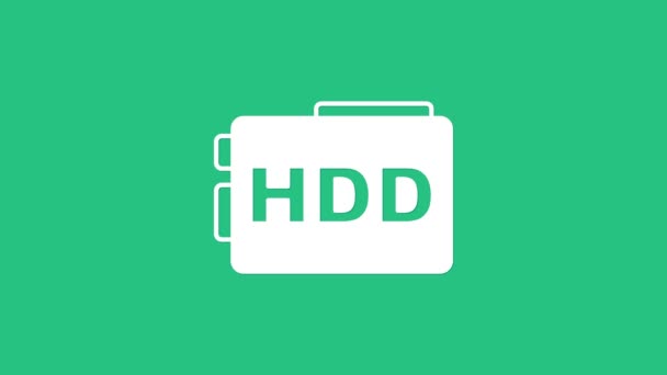 白色硬盘驱动器HDD图标隔离在绿色背景.4K视频运动图形动画 — 图库视频影像