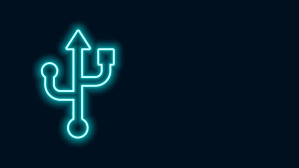 Lumineux néon ligne icône symbole USB isolé sur fond noir. Animation graphique de mouvement vidéo 4K — Video