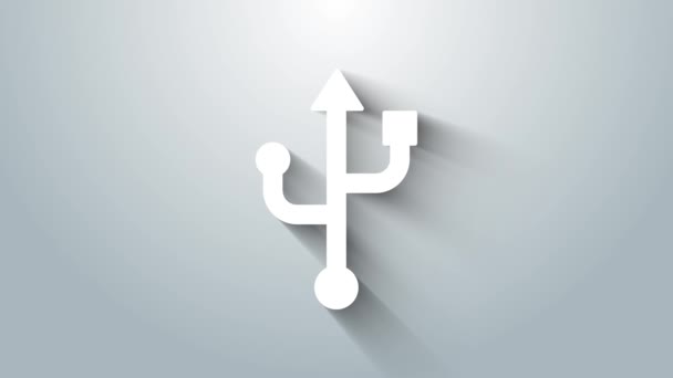 Bílá ikona symbolu USB izolovaná na šedém pozadí. Grafická animace pohybu videa 4K — Stock video