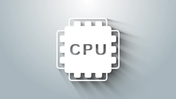 Processador de computador branco com microcircuitos ícone CPU isolado em fundo cinza. Chip ou cpu com placa de circuito. Micro processador. Animação gráfica em movimento de vídeo 4K — Vídeo de Stock