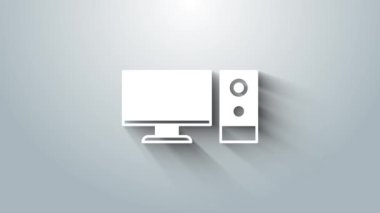 Gri arkaplanda beyaz bilgisayar izleme simgesi izole edildi. Bilgisayar bileşeni işareti. 4K Video hareketli grafik canlandırması