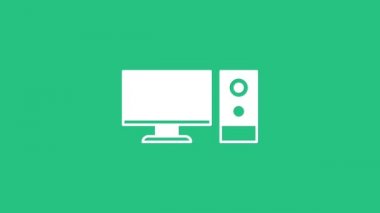 Beyaz Bilgisayar monitörü simgesi yeşil arkaplanda izole edildi. Bilgisayar bileşeni işareti. 4K Video hareketli grafik canlandırması