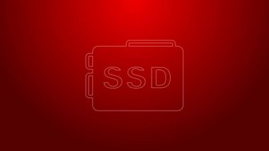 Yeşil çizgi SSD kart simgesi kırmızı arkaplanda izole edildi. Katı eyalet sürücü işareti. Depolama diski sembolü. 4K Video hareketli grafik canlandırması