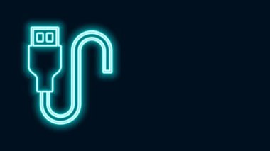 Parlayan neon hattı USB kablo ikonu siyah arkaplanda izole edildi. PC ve mobil cihazlar için bağlantı ve soketler. 4K Video hareketli grafik canlandırması