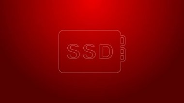 Yeşil çizgi SSD kart simgesi kırmızı arkaplanda izole edildi. Katı eyalet sürücü işareti. Depolama diski sembolü. 4K Video hareketli grafik canlandırması