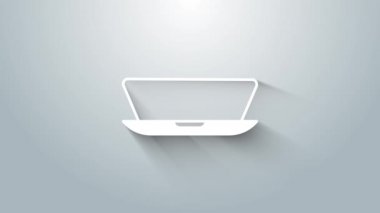 Gri arkaplanda beyaz dizüstü bilgisayar simgesi izole edildi. Boş ekran işaretli bilgisayar defteri. 4K Video hareketli grafik canlandırması