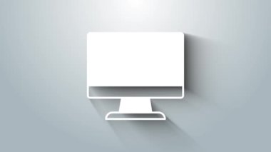 Gri arkaplanda beyaz bilgisayar ekranı simgesi izole edildi. Elektronik cihaz. Ön manzara. 4K Video hareketli grafik canlandırması