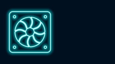 Parlayan neon hattı Bilgisayar soğutucu simgesi siyah arkaplanda izole edildi. Bilgisayar donanım pervanesi. 4K Video hareketli grafik canlandırması