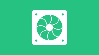 Yeşil arkaplanda beyaz bilgisayar soğutucu simgesi izole edildi. Bilgisayar donanım pervanesi. 4K Video hareketli grafik canlandırması