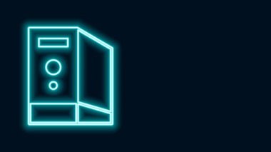 Siyah arkaplanda parlayan neon çizgisi olan bilgisayar simgesi davası izole edildi. Bilgisayar sunucusu. İş istasyonu. 4K Video hareketli grafik canlandırması