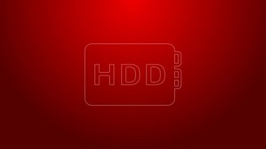 Yeşil çizgi sabit disk sürücüsü HDD simgesi kırmızı arkaplanda izole edildi. 4K Video hareketli grafik canlandırması