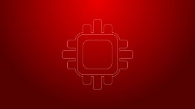 Kırmızı zemin üzerinde mikro devreli işlemci simgesi olan yeşil çizgi bilgisayar işlemcisi. Devre kartlı çip ya da işlemci. Mikro işlemci. 4K Video hareketli grafik canlandırması