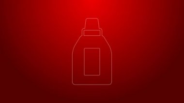 Yeşil çizgi plastik şişe çamaşır deterjanı, çamaşır suyu, bulaşık deterjanı ya da kırmızı arka planda izole edilmiş başka bir temizlik maddesi. 4K Video hareketli grafik canlandırması