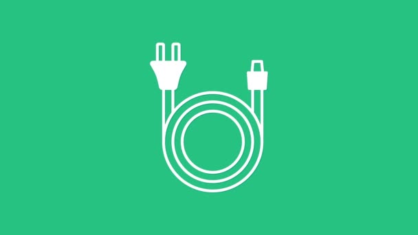 Белый значок электрической вилки выделен на зеленом фоне. Концепция подключения и отключения электричества. Видеографическая анимация 4K — стоковое видео