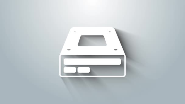白色光盘驱动器图标孤立在灰色背景.CD DVD笔记本电脑托盘驱动器，用于读写数据光盘。4K视频运动图形动画 — 图库视频影像