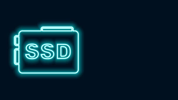 Icône brillante carte SSD ligne fluo isolé sur fond noir. Signe d'entraînement à semi-conducteurs. Symbole disque de stockage. Animation graphique de mouvement vidéo 4K — Video