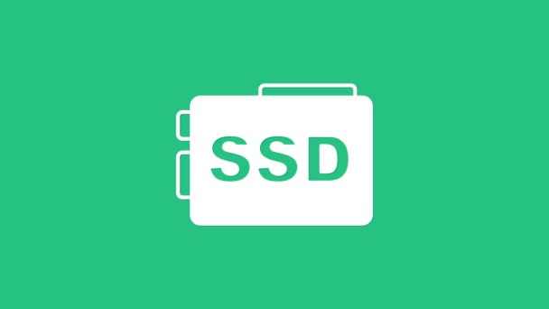 Icono blanco de la tarjeta SSD aislado sobre fondo verde. Señal de estado sólido. Símbolo disco de almacenamiento. Animación gráfica de vídeo 4K — Vídeo de stock