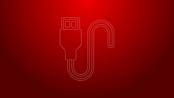 Ikona kabelu USB zelené čáry izolovaná na červeném pozadí. Konektory a zásuvky pro PC a mobilní zařízení. Grafická animace pohybu videa 4K — Stock video