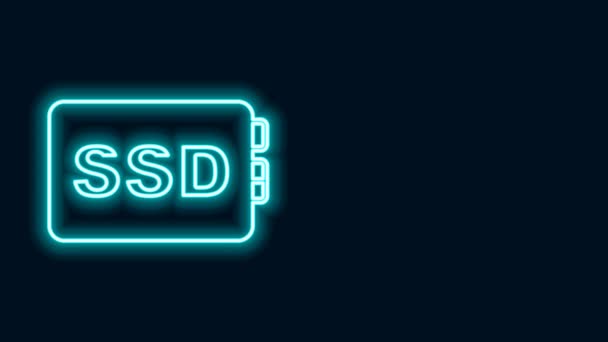Glowing neon line SSD card icon isolated on black background. Solid state drive sign. Storage disk symbol. 4K Video motion graphic animation — Stock Video