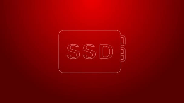 Icono de tarjeta SSD de línea verde aislado sobre fondo rojo. Señal de estado sólido. Símbolo disco de almacenamiento. Animación gráfica de vídeo 4K — Vídeo de stock