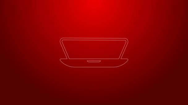 Línea verde Icono del ordenador portátil aislado sobre fondo rojo. Computadora portátil con pantalla vacía. Animación gráfica de vídeo 4K — Vídeo de stock