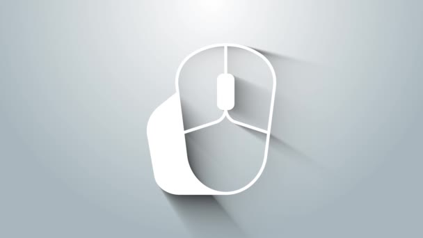 Icono blanco del ratón del ordenador aislado sobre fondo gris. Óptica con símbolo de rueda. Animación gráfica de vídeo 4K — Vídeo de stock