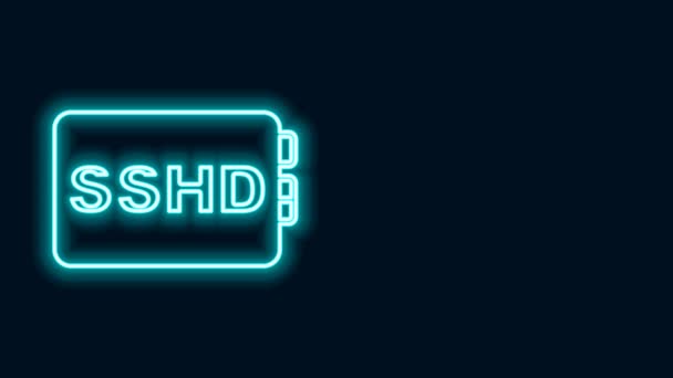 Glowing neon line SSHD card icon isolated on black background. Solid state drive sign. Storage disk symbol. 4K Video motion graphic animation — Stock Video