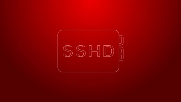 Icono de tarjeta SSHD de línea verde aislado sobre fondo rojo. Señal de estado sólido. Símbolo disco de almacenamiento. Animación gráfica de vídeo 4K — Vídeos de Stock