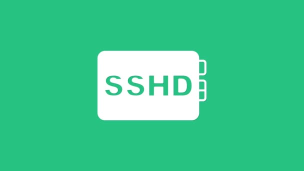 Icona della scheda SSHD bianca isolata su sfondo verde. Cartello a stato solido. Simbolo del disco di archiviazione. Animazione grafica 4K Video motion — Video Stock