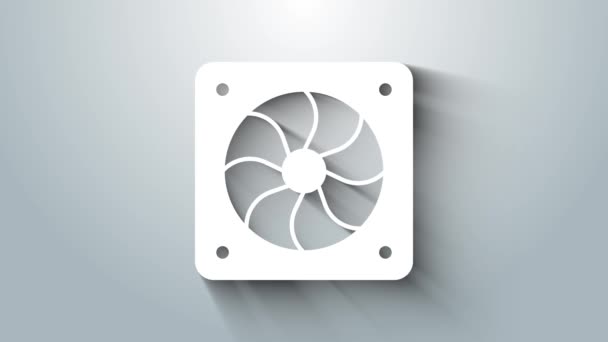 Icono de enfriador de computadora blanca aislado sobre fondo gris. ventilador de hardware de PC. Animación gráfica de vídeo 4K — Vídeo de stock