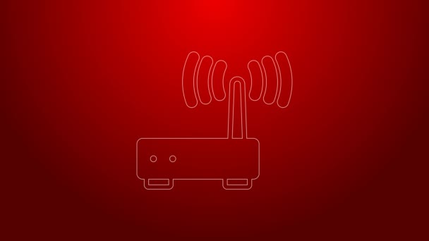 Grüne Leitung Router und Wi-Fi-Signal Symbol isoliert auf rotem Hintergrund. Wireless ethernet modem router. Computertechnologie Internet. 4K Video Motion Grafik Animation — Stockvideo