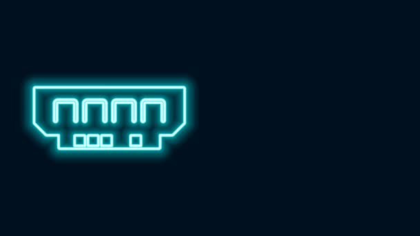 Luminosa RAM de línea de neón, icono de memoria de acceso aleatorio aislado sobre fondo negro. Animación gráfica de vídeo 4K — Vídeo de stock