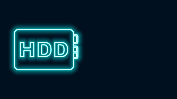 Glowing neon line Hard disk drive HDD icon isolated on black background. 4K Video motion graphic animation — Stock Video