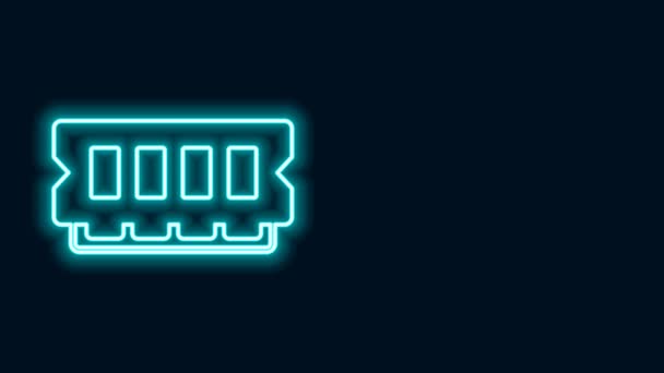 Luminosa RAM de línea de neón, icono de memoria de acceso aleatorio aislado sobre fondo negro. Animación gráfica de vídeo 4K — Vídeo de stock