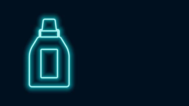 Glowing neon line Plastic bottle for laundry detergent, bleach, dishwashing liquid or another cleaning agent icon isolated on black background. 4K Video motion graphic animation — Stock Video