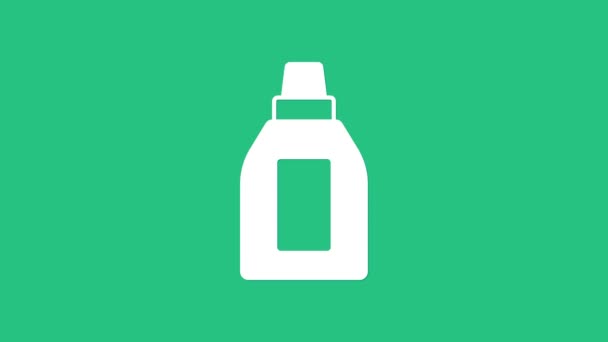 Белый пластиковый флакон для стирального порошка, отбеливателя, жидкости для мытья посуды или другого чистящего средства, выделенного на зеленом фоне. Видеографическая анимация 4K — стоковое видео