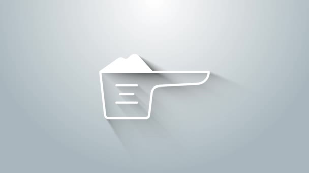 Polvo de lavado blanco en un icono de taza medidora aislado sobre fondo gris. Animación gráfica de vídeo 4K — Vídeos de Stock