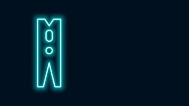 Parlayan neon hattı. Siyah arka planda izole edilmiş eski ahşap iğne simgesi. Elbise askısı. 4K Video hareketli grafik canlandırması