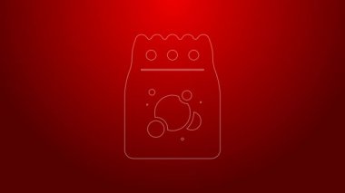 Kırmızı arkaplanda izole edilmiş otomatik çamaşır makinesi simgesi için yeşil çizgi deterjanı. 4K Video hareketli grafik canlandırması