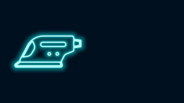 Parlayan neon hattı siyah zemin üzerinde izole edilmiş elektrikli demir ikonu. Buhar ütüsü. 4K Video hareketli grafik canlandırması
