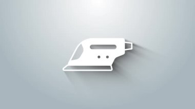 Gri arkaplanda beyaz elektrikli demir ikonu izole edildi. Buhar ütüsü. 4K Video hareketli grafik canlandırması