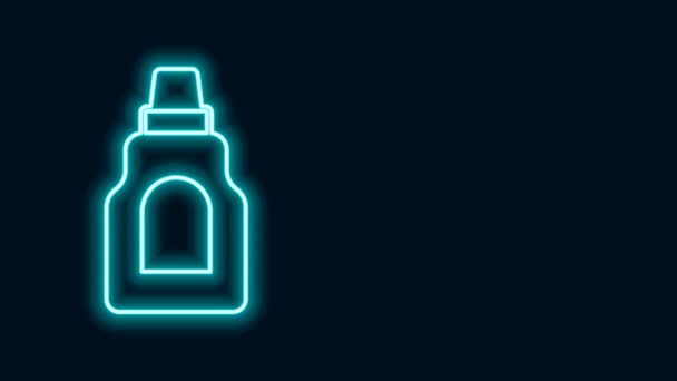 Glowing neon line Plastic bottle for laundry detergent, bleach, dishwashing liquid or another cleaning agent icon isolated on black background. 4K Video motion graphic animation — Stock Video