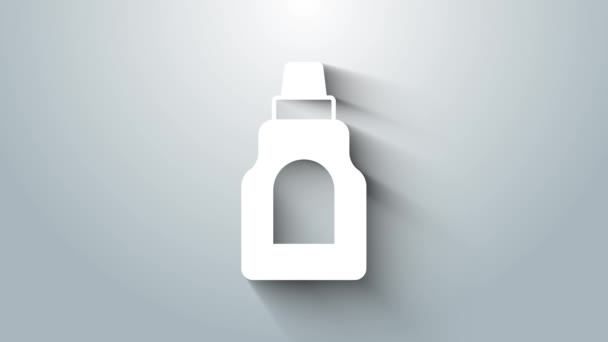 Garrafa de plástico branco para detergente de lavanderia, lixívia, líquido de lavagem de louça ou outro ícone de agente de limpeza isolado em fundo cinza. Animação gráfica em movimento de vídeo 4K — Vídeo de Stock