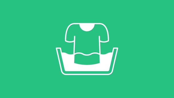 Lavabo de plástico blanco con icono de camisa aislado sobre fondo verde. Cuenco con agua. Lavado de ropa, equipo de limpieza. Animación gráfica de vídeo 4K — Vídeo de stock