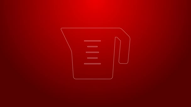 Green line Measuring cup to measure dry and liquid food icon isolated on red background. Plastic graduated beaker with handle. 4K Video motion graphic animation — Stock Video