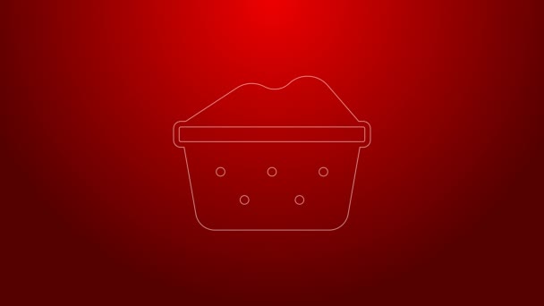 Línea verde Lavabo de plástico con jabón suds icono aislado sobre fondo rojo. Cuenco con agua. Lavado de ropa, equipo de limpieza. Animación gráfica de vídeo 4K — Vídeo de stock